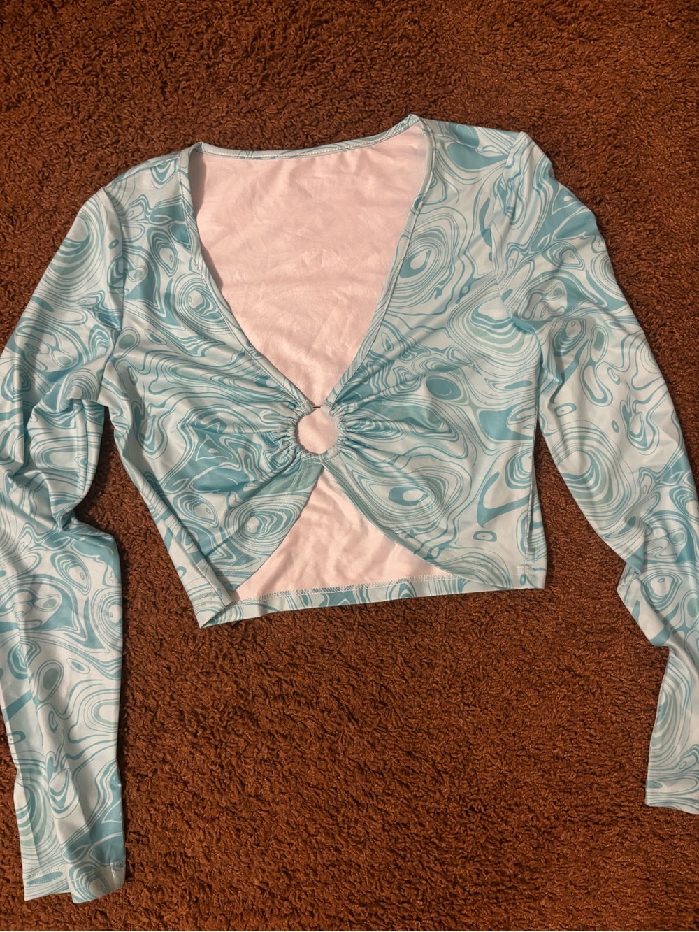 SHEIN Aqua Swirl Ring-Front Long Sleeve Crop Top